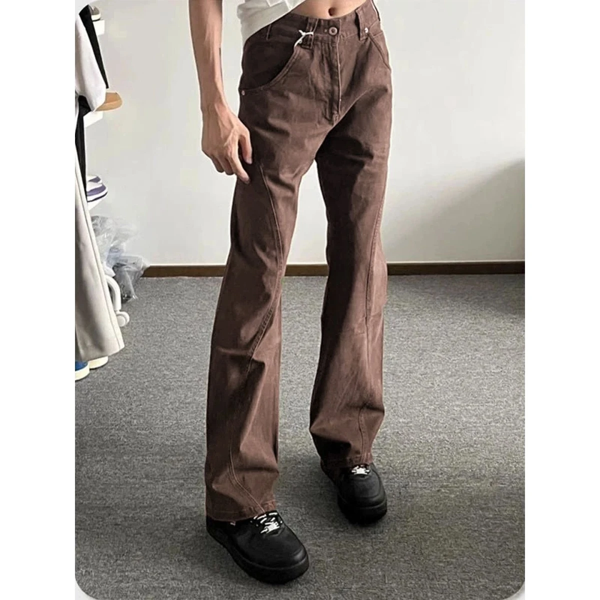 

American Retro Coffee Color Slanted Cut Men's Jeans High Street Trendy Knife Straight Leg Micro Flared Pants