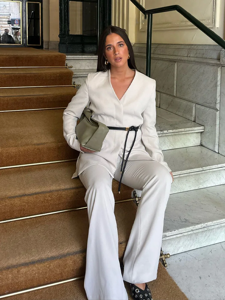 HH Women 2 Piece Set V-Neck Long Sleeves Pocket Belt Decorate Slim Blazer Coat+Fashion High Waist Loose Casual Wide Leg Pant