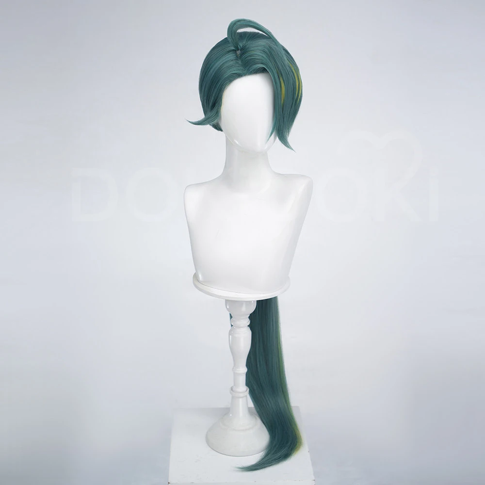 Anime Poke ZA Rika Cosplay Wig Dark Green Highlight Long Ponytail Synthetic Hair Triangle Earrings Halloween Party Carnival Prop