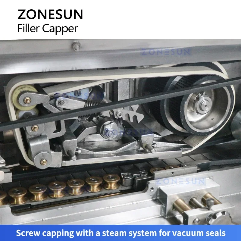 Поршневой наполнитель Zonesun и паровой вакуумный укупорщик, машина для наполнения и запечатывания стеклянных банок, вакуумный упаковщик для экономии пищевых продуктов ZS-FAL180B10