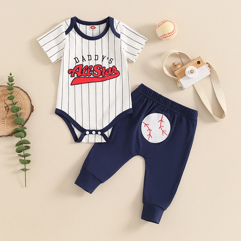 Baby Boys 2-piece Outfit Striped Letters Print Short Sleeve Romper with Baseball Pants Summer Outfit