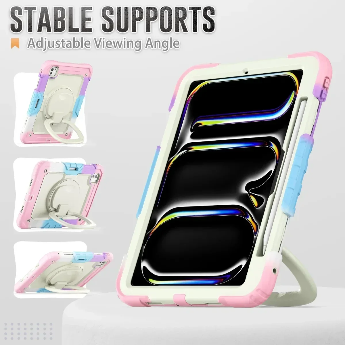 360 Rotation Kids Stand Case for IPad Pro Air 13 11 12.9 10.2 9.7 10 9 8 7 6 5 Th Mini 6 5 4 Cover Shockproof +Shoulder Strap
