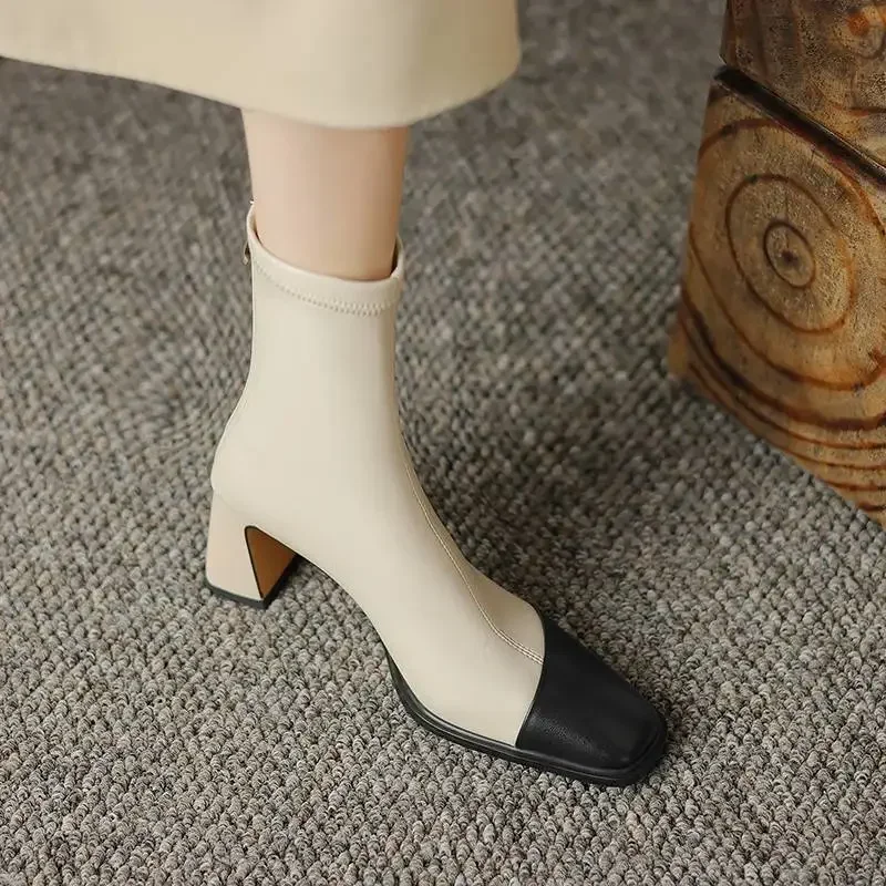 2023 New Style Sells Well  Leather Square Toe High Heels Fashion Modern  Boots All-match Mixed Color Maiden Elegant Ankle Boots