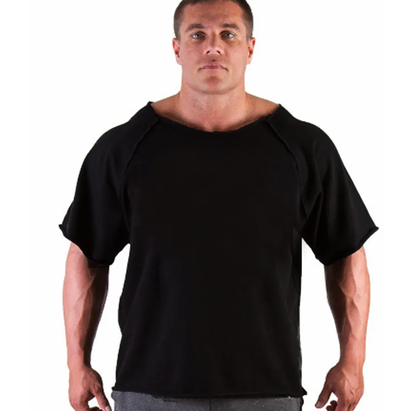 Men's Cotton Casual T Shirts Fitness Men Bodybuilding Shirt Batwing Sleeve Rag Shirt Gym Wear Muscle Running T-shirt Round Neck