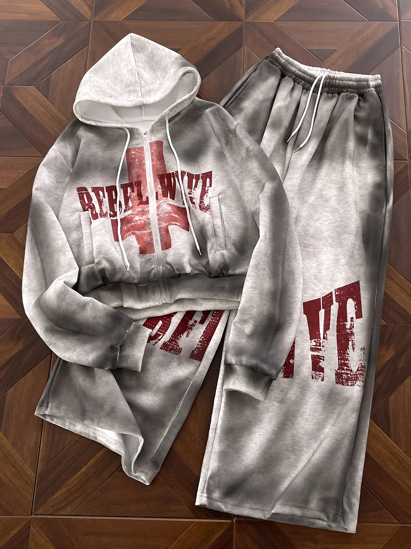 Men's Hooded Cardigan Sweatshirt Set Spring Autumn American Style Two-Piece Set Dirt Spray Cross Light Hip Hop Desert
