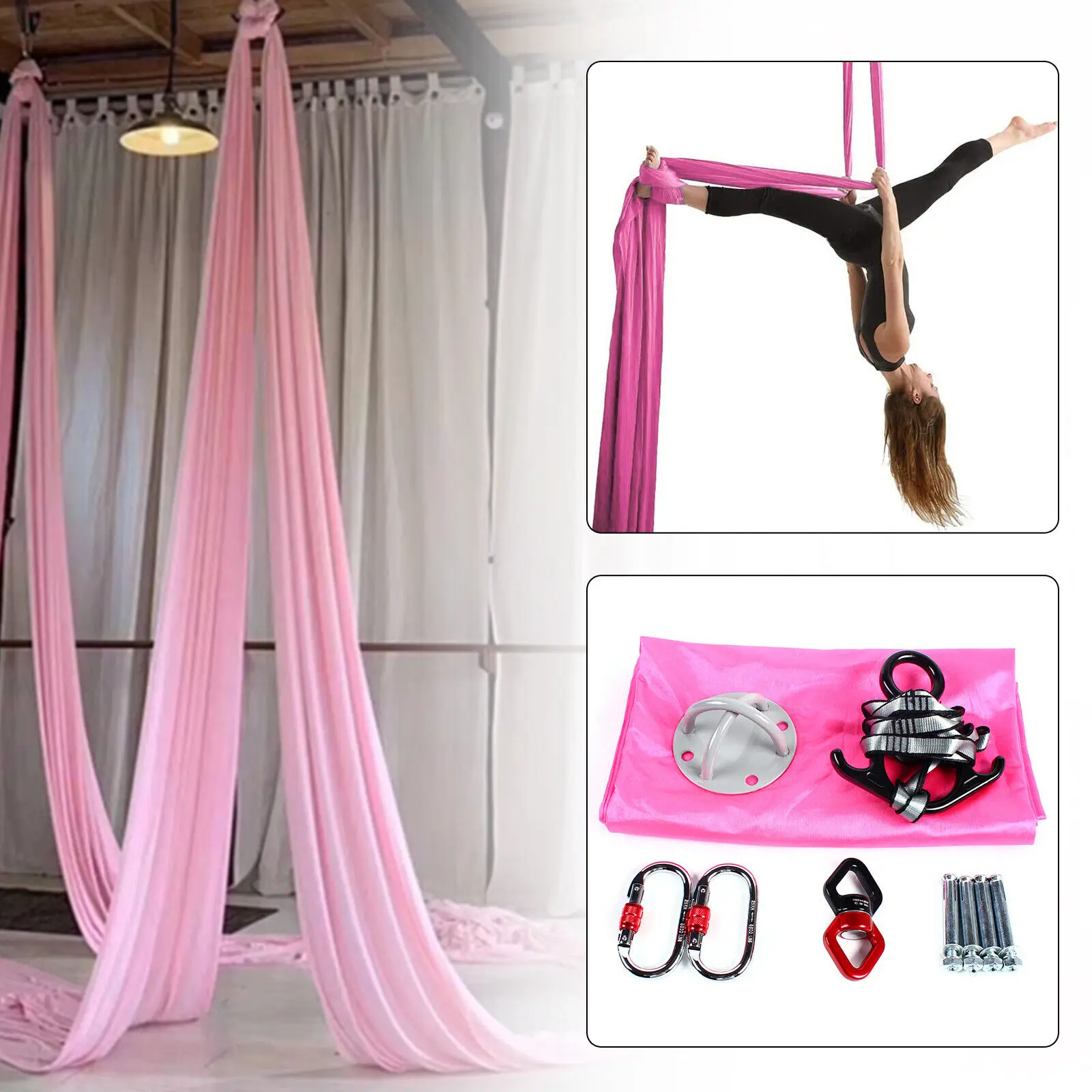 Aerial Silk Yoga Swing Hammock Inversion Anti-Gravity Pilates w/ Carabiner Kit