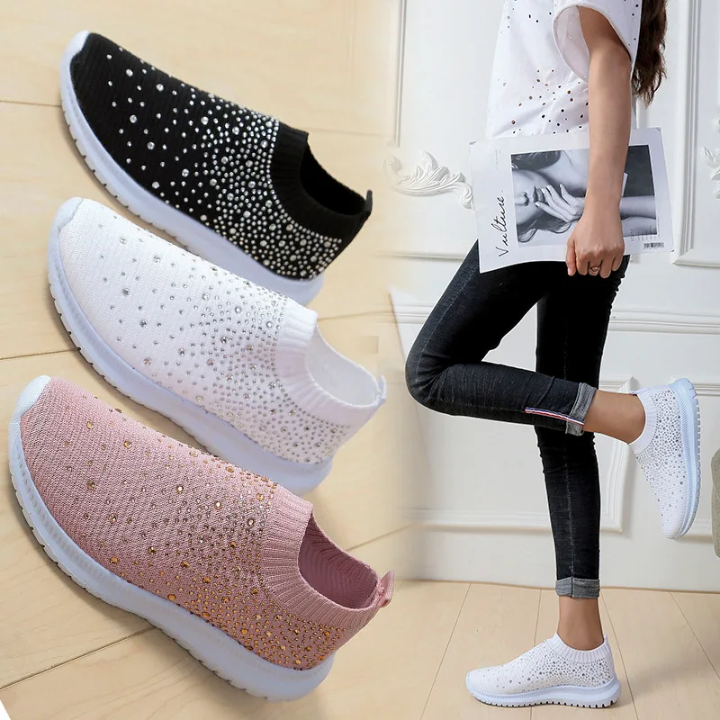 Novas Mulheres Sneakers Strass meias elásticas sapatos Malha Plataforma Sapatos Branco Respirável Socofy Sapatos Casuais Mulheres Apartamentos Sapatos