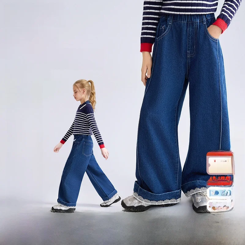 children's-denim-pants-straight-leg-lace-cuffed-long-trousers-autumn-new-sle-girls-casual-cotton-blend-elastic-waist