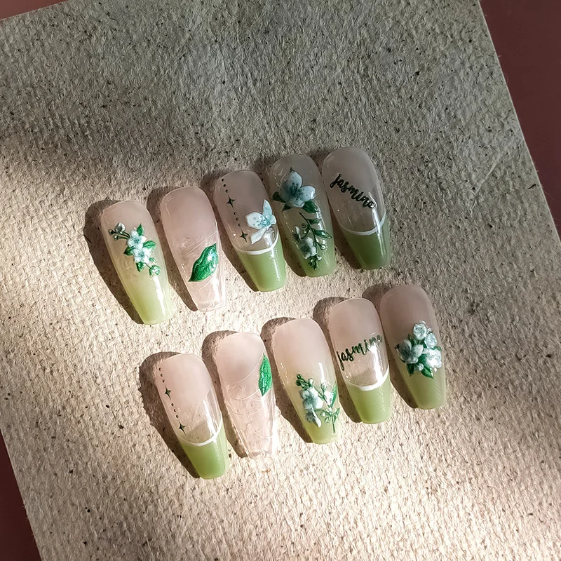 5D Realistic Relief Beauty Green White Fragrant Jasmine Flowers Adhesive Nail Art Stickers Decals Manicure Ornaments Accessories