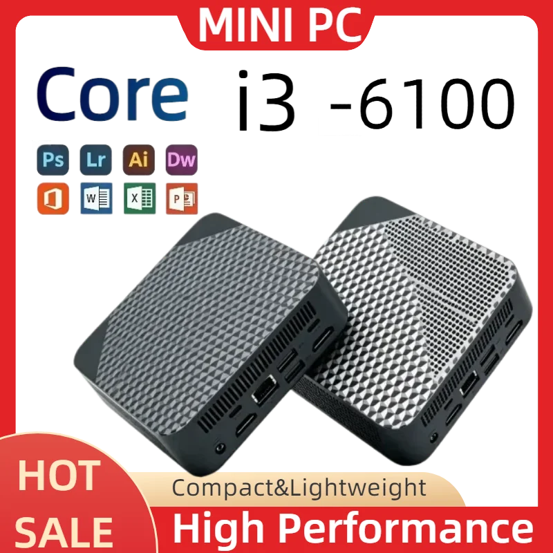Portable Core i3-6100 Business Office Mini Desktop Host Compact PC Unit BT5.2 Dual Gigabit LAN Triple 4K Multi Display Output