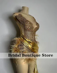 Sparkly Gold Diamonds Prom Gown Glitter Beads Rhinestones Feathers Birthday Party Cocktail Homecoming Robe Customized