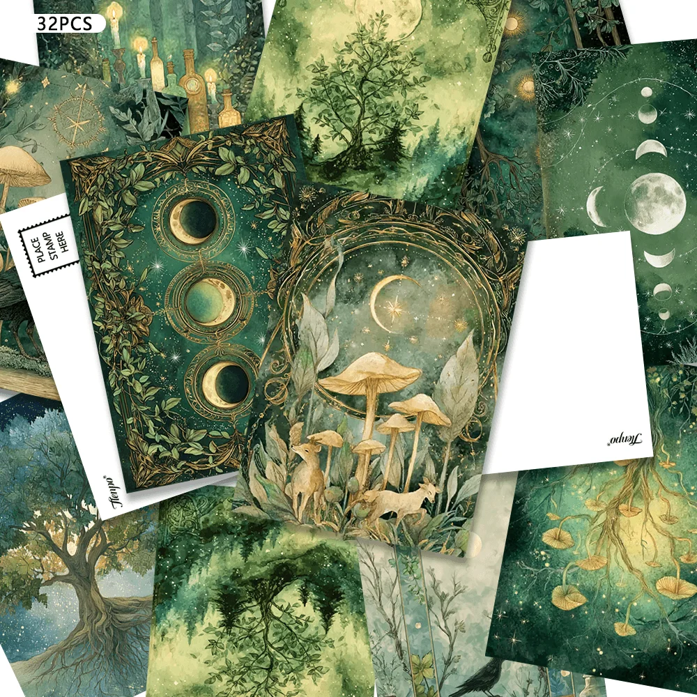 32 cartes postales, thème forêt enchantée, décoration de chambre intérieure, autocollants muraux, cartes de messages, cartes de vœux, cartes postales commémoratives