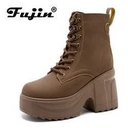 Fujin 10cm Microfiber Synthetic Women Thick Soled Chunky Heels Platform Booties ZIP Ankle Motorcycle Autumn Ankle Spring Shoes