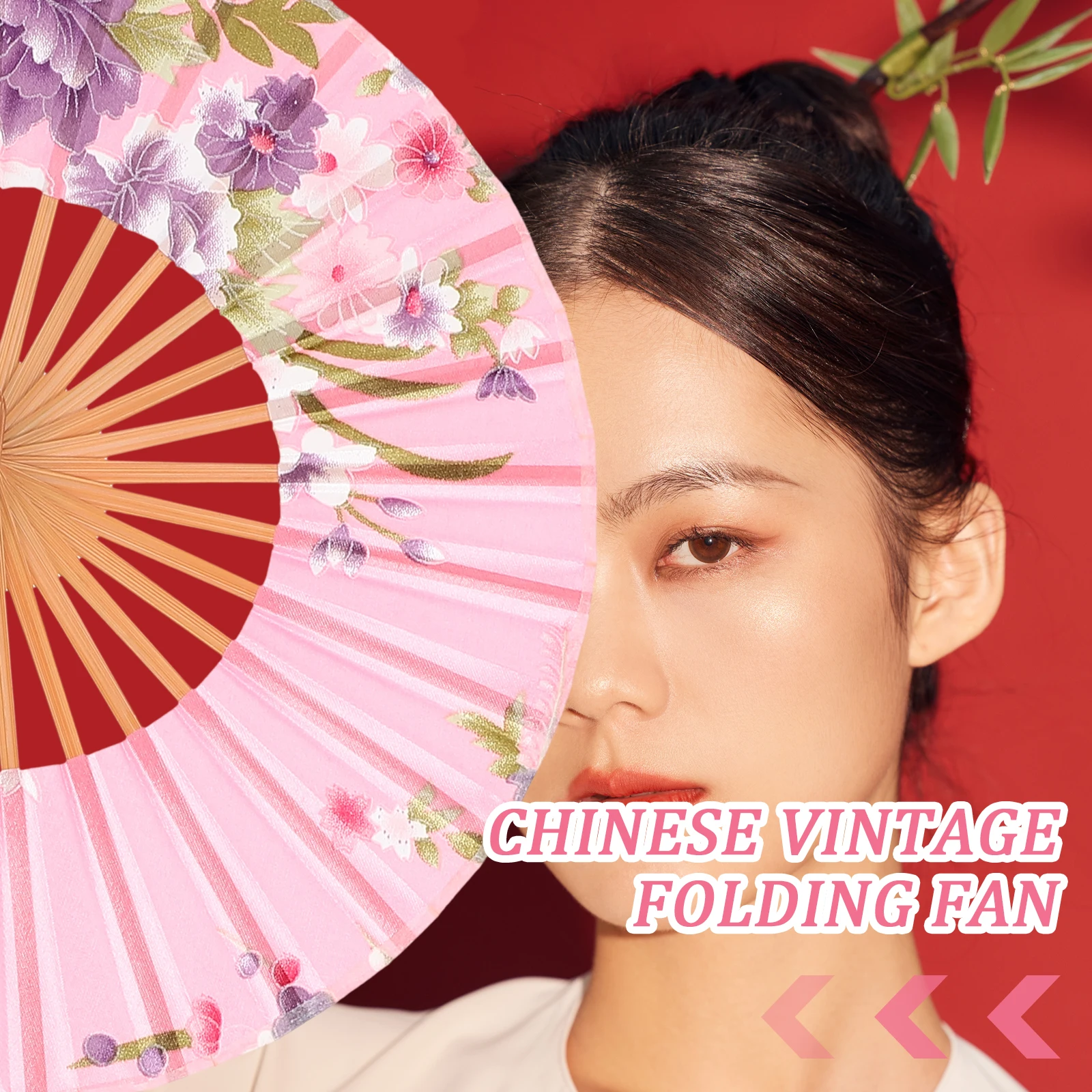 

Exquisite Pattern Foldable Fan Folding Long-handled Bamboo Ancient Style for Wedding Party