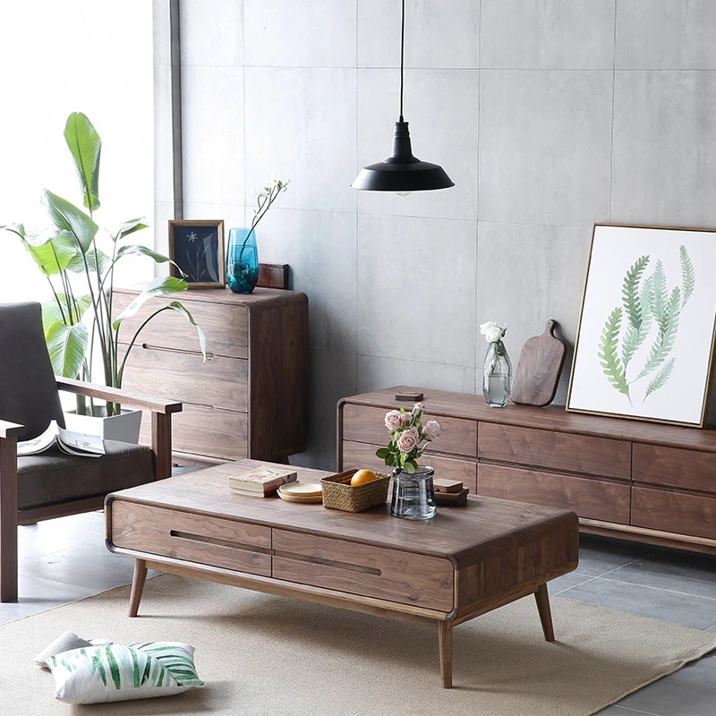 

Log solid wood black walnut coffee table household small apartment tea table Nordic literary Japanese simple brick