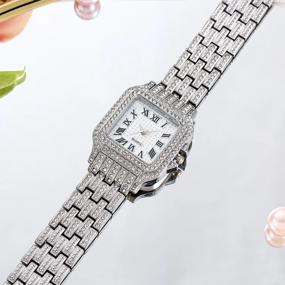 MAYZHISU Women Watch Diamond Steel Strap Fashion Ladies Watch Hip Hop Iced Out Business Women\'s Wristwatch Classic Square Clock