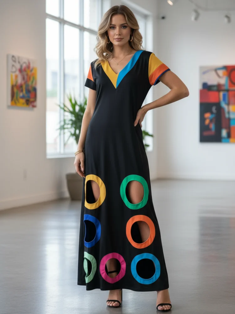 Freeacy Abito da donna slim fit con scollo a V a maniche corte Colore a contrasto Scavato A-line Colorblock e Ritagli geometrici Abiti da festa