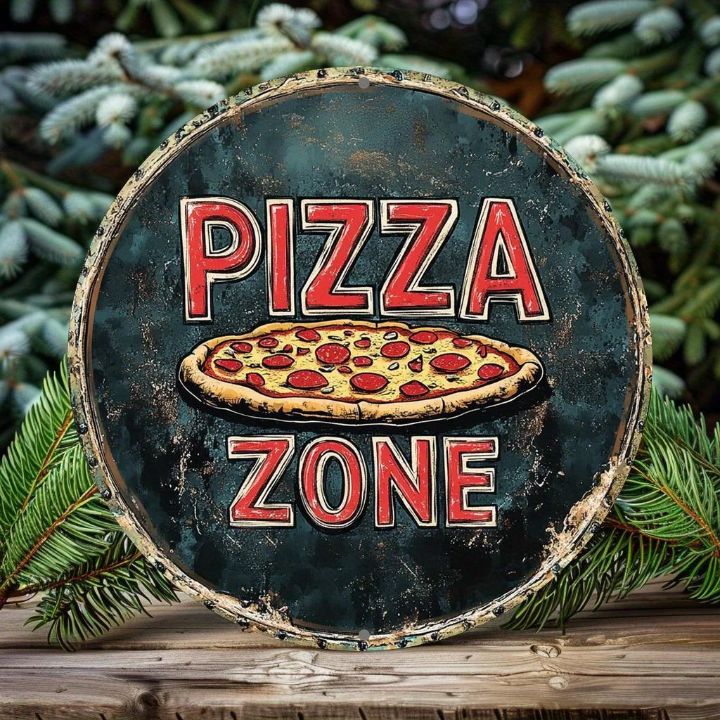 1pc, 2D Flat Print, Round Aluminum Sign Wall art, Vintage Metal Sign, Pizza Themed, for Bar Kitchen Coffee home room living room