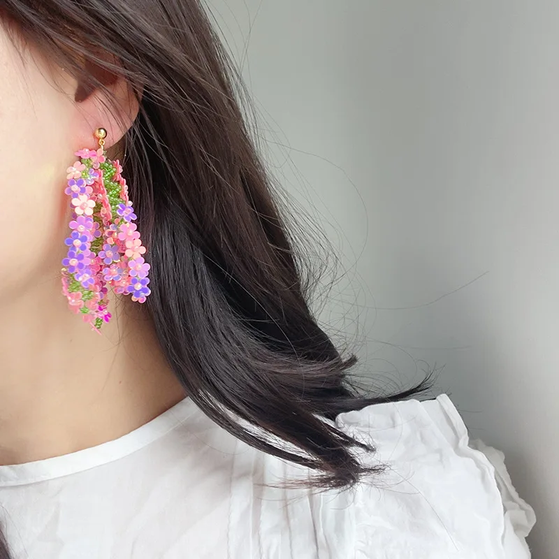 Sequined Flower Tassel Earrings Holiday Style Earrings