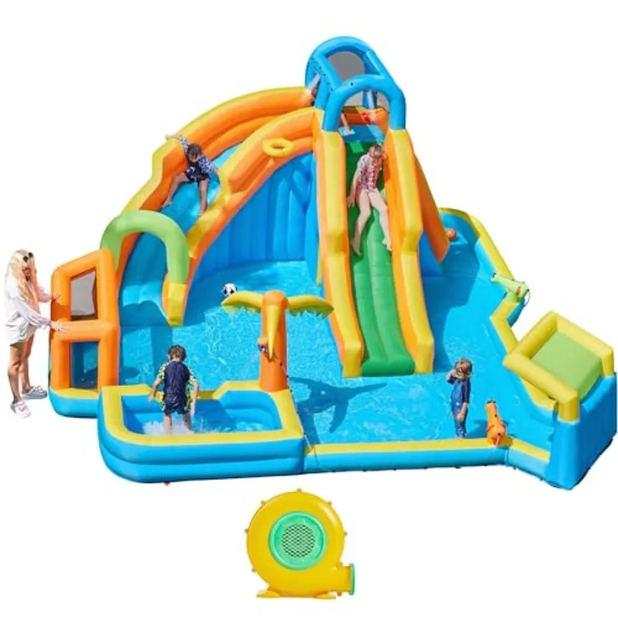 

Outdoor inflatable water slide for backyard use PVC material blue and yellow color features 2 long slides large climbing wall s