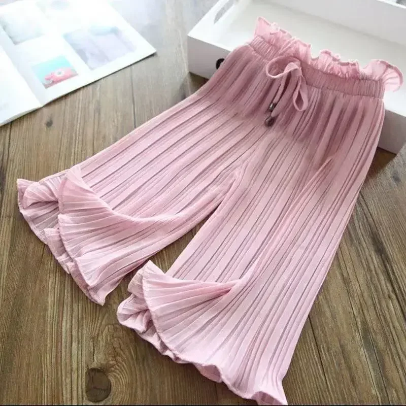 Baby Fashion Lace Chiffon Waist Flare Trousers Childen\'s Girls Summer Ice Silk Wide Leg Pants  Kids Girl Loose Cropped Trousers