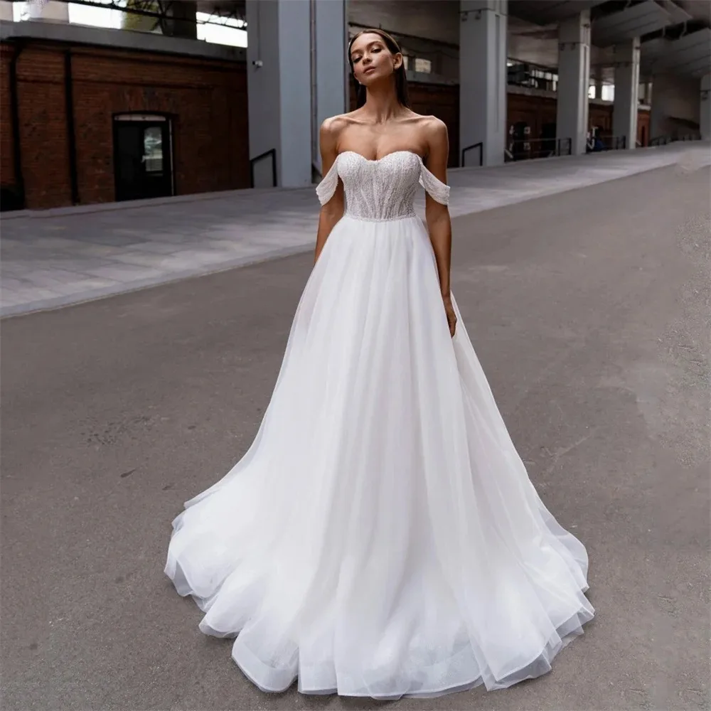 Elegantes A-Linien-Hochzeitskleid aus Spitze, schulterfrei, mit Herz-Ausschnitt, Falten, Perlenstickerei, rückenfrei, Brautkleider, Vestidos De Noiva, individuell gestaltet