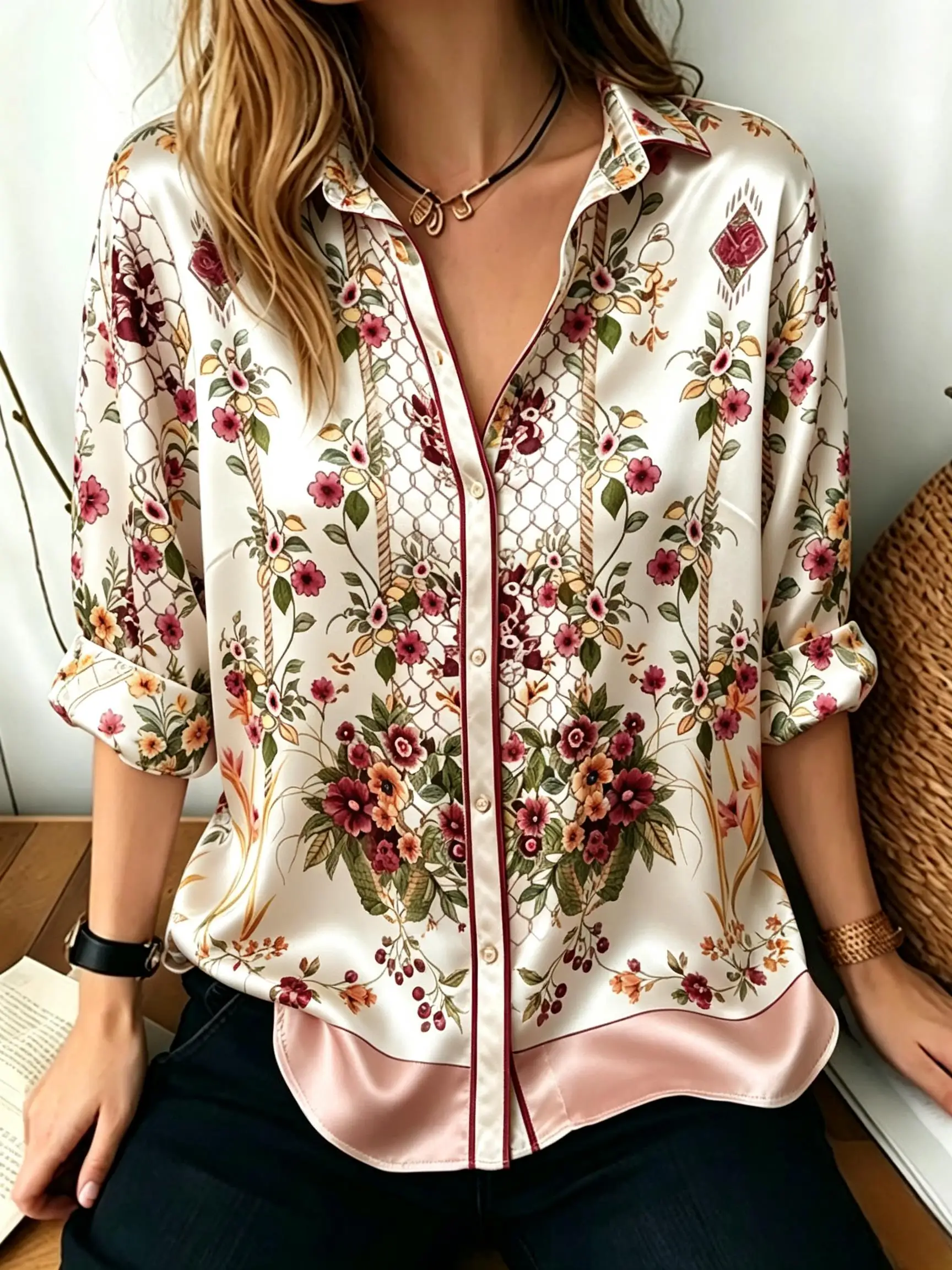 Women Vintage Floral Ethnic Print Lapel Collar Long Sleeve Shirt Loose Button Down Office Casual Blouse Tops