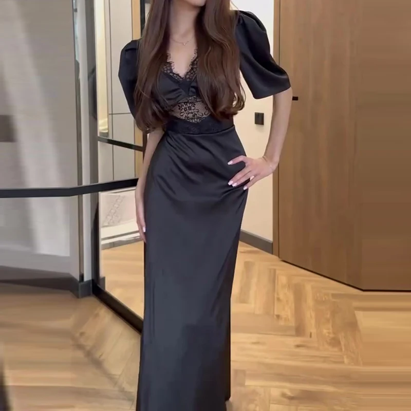 Printemps été à manches courtes coupe ajustée robe de soirée dentelle Patchwork décontracté femmes robe à pois imprimé Satin mode longue robe