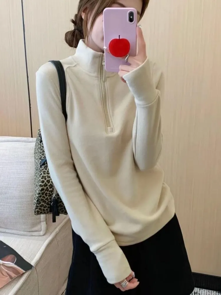 

Женская толстовка на молнии с воротником-стойкой, утепленная, с начесом, белая, повседневная, свободного кроя, с длинным рукавом, зимняя, модная