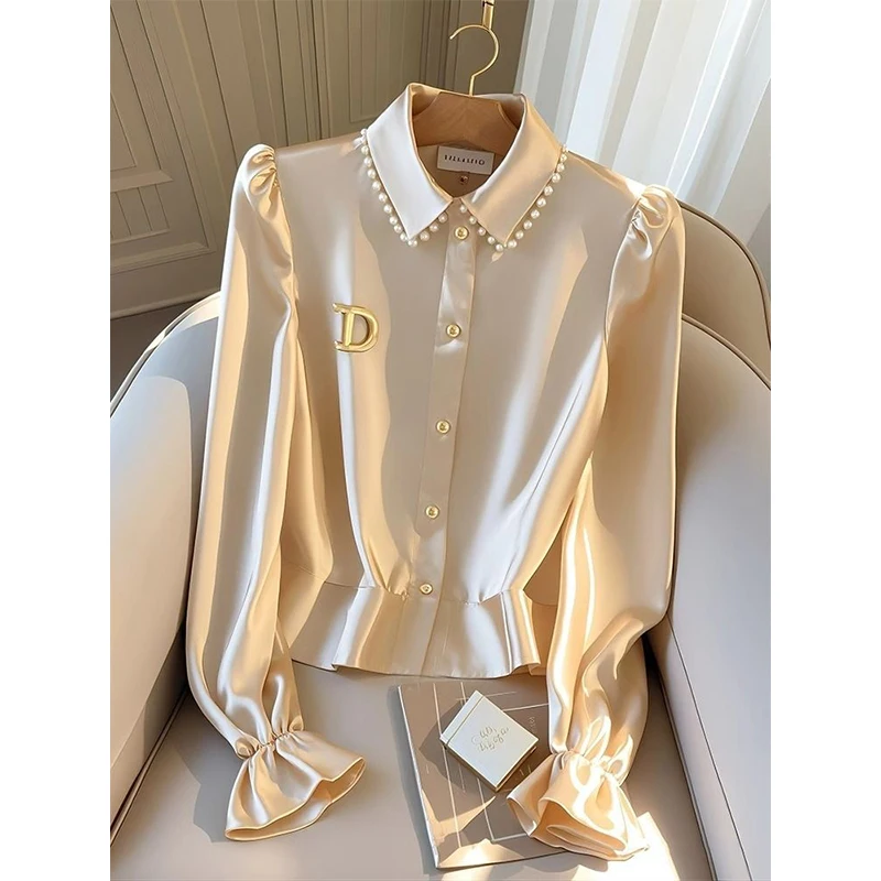 

Women Spring Autumn Elegant Temperament Solid Color Polo Collar Long Sleeve Shirts Ladies Simplicity All-match Office Lady Tops