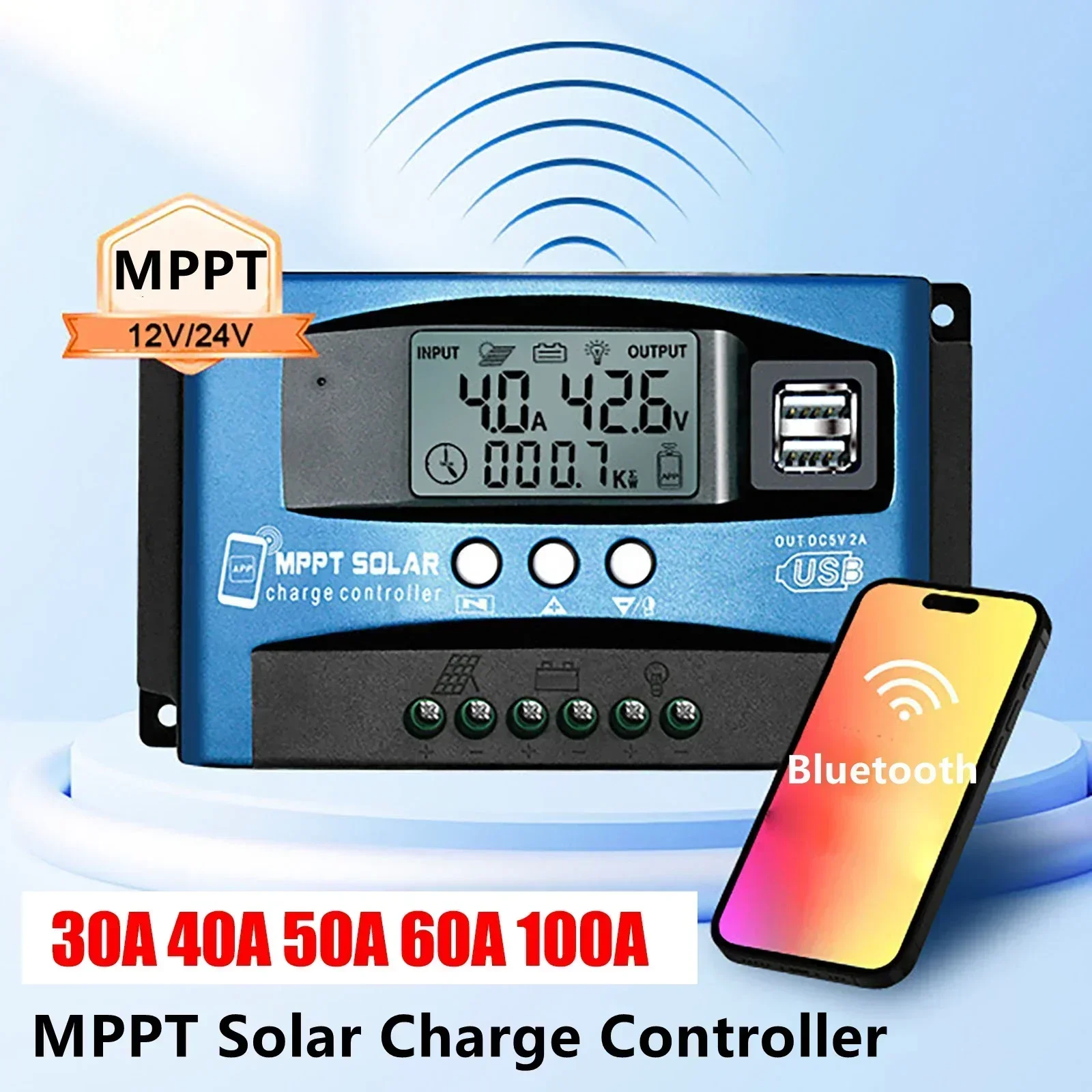 Bluetooth&WIFI MPPT Solar Charge Controller 30A -100A Dual USB LCD Display 12V 24V Solar Cell Panel Charger Regulator with Load