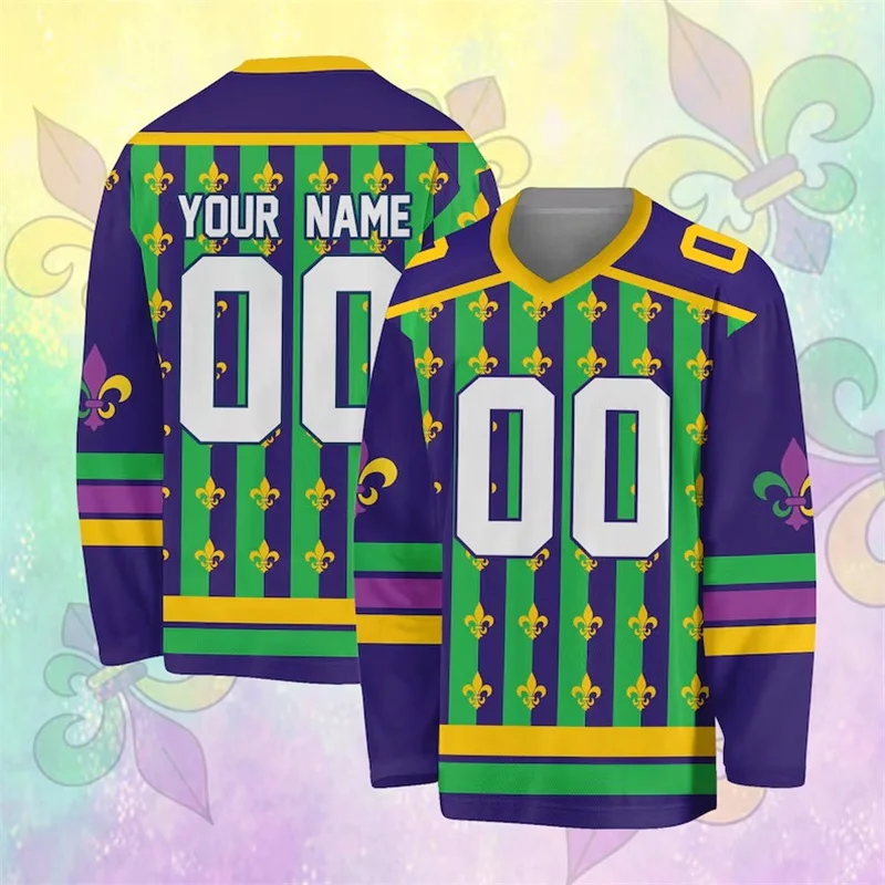 

Custom Name Personalized Mardi Gras Sport Jersey For Men Women Long Sleeve Mardi Gras Hockey Tshirt Uniform For Hockey Fans