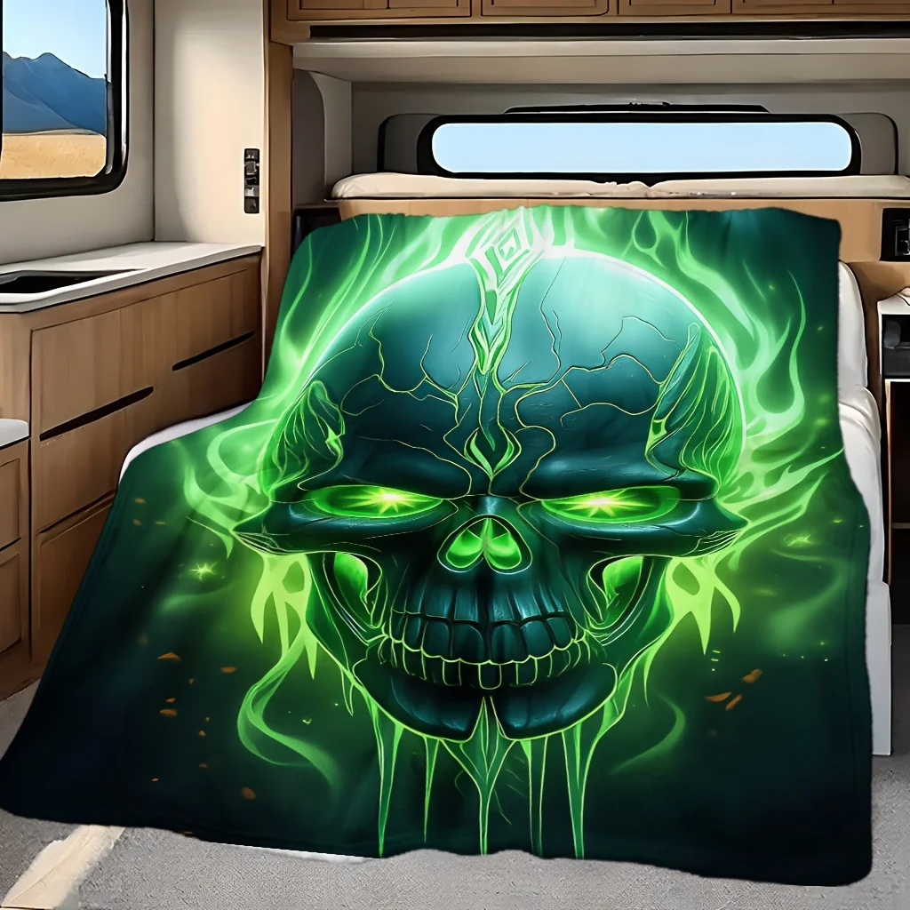 1pc Green Glowing Skull Gothic Print Flannel Blanket, Soft and Skin-friendly, Suitable for Blankets, Kid Bed Covers, Bedroom, Li