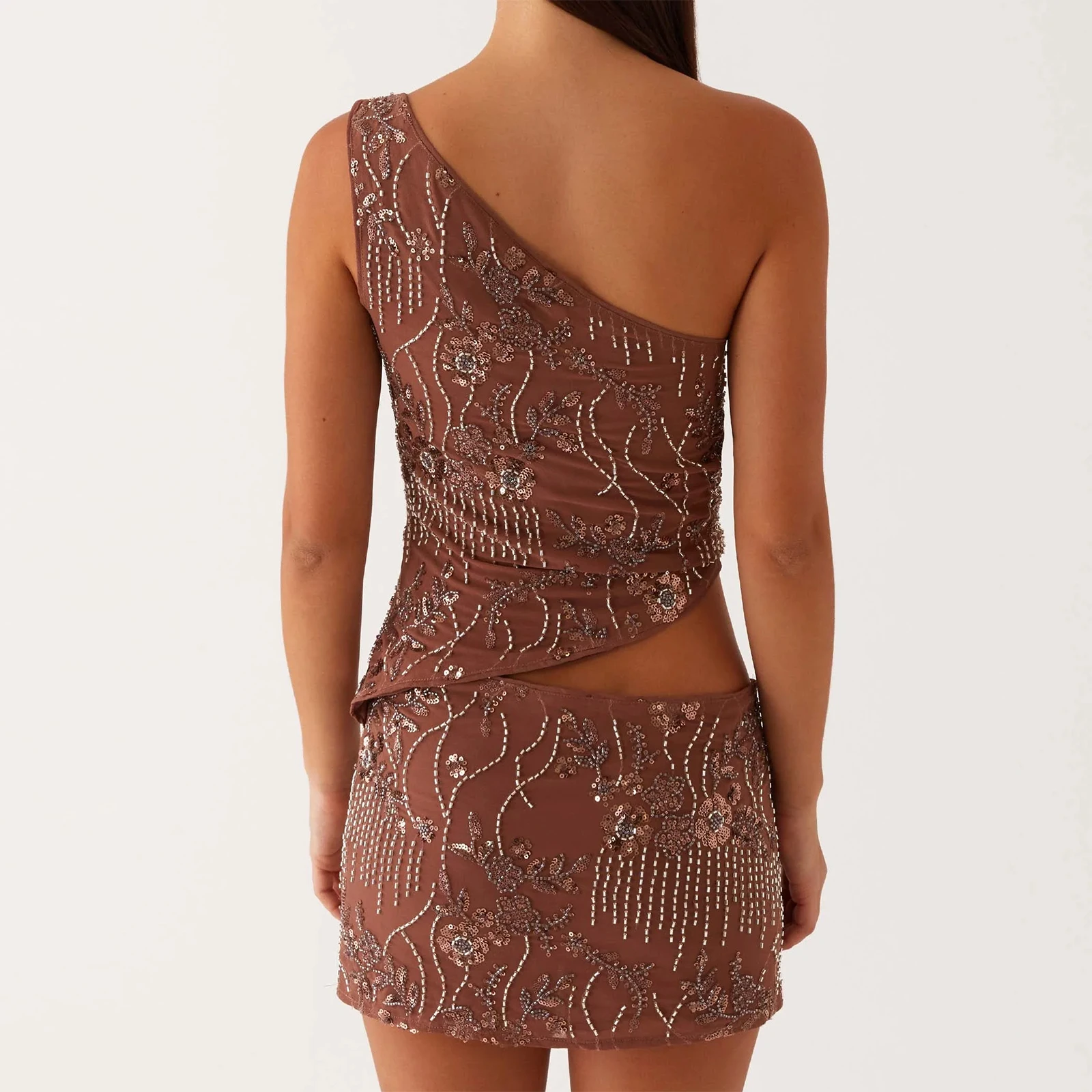 Women's Summer Beaded Sequin Flower Tank Tops Solid Stylish Sparkly Glitter Off One Shoulder Slim Vest Streetwear