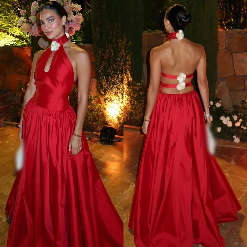 

Customized High Quality Charmeuse Flower Pleat A-line Halter Long Dresses Bespoke Occasion Fashion Simple