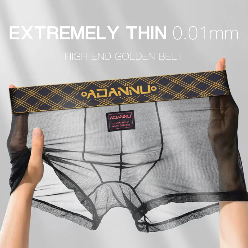 1/2/3Pcs Summer Men's Ice Silk Underwear with Gold Thread Embroidery Waistband Ultra-Thin Transparent Mesh Quick-drying Briefs