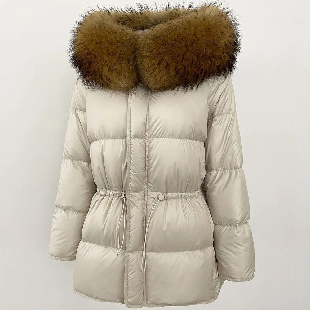 Veste en duvet de canard blanc pour femme, col en fourrure de renard, surdimensionnée, épaisse, mi-longue, à capuche, taille, hiver