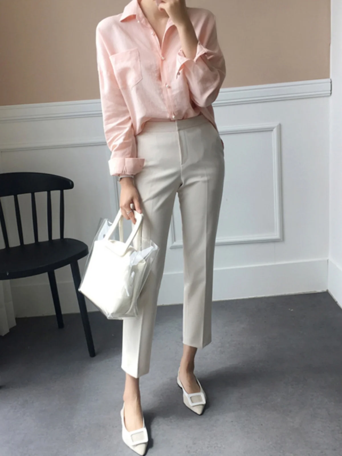 

White Straight Leg Pants Women's Casual Workwear Trousers Korean Style High Waist Polyester Fiber Anti-Deformation