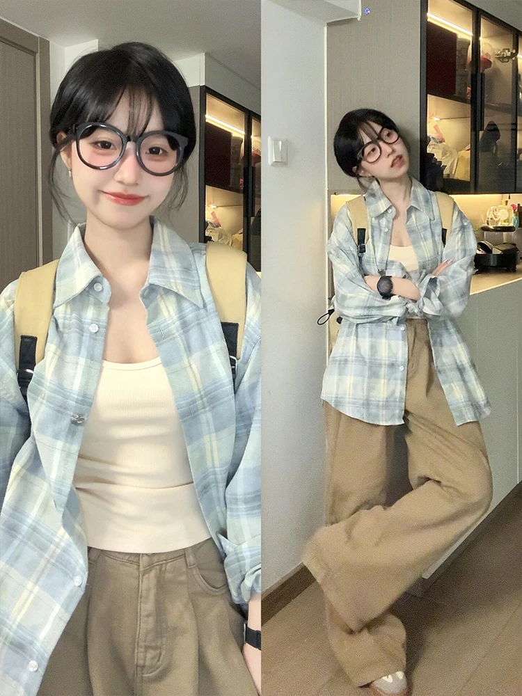 

American Sle Plaid irt Jaet Women's Spring Autumn Lightweight Sun Protection Design Sense Top Hong Kong Sle