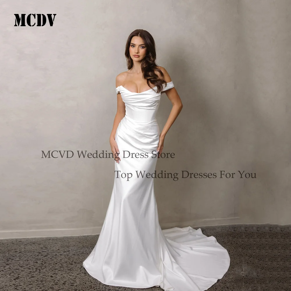 

MCDV Strapless Mermaid Pleat Wedding Dresses 2025 Backless Off Shoulder Sweep Train Bridal Gown Vestidos De Novia Customized