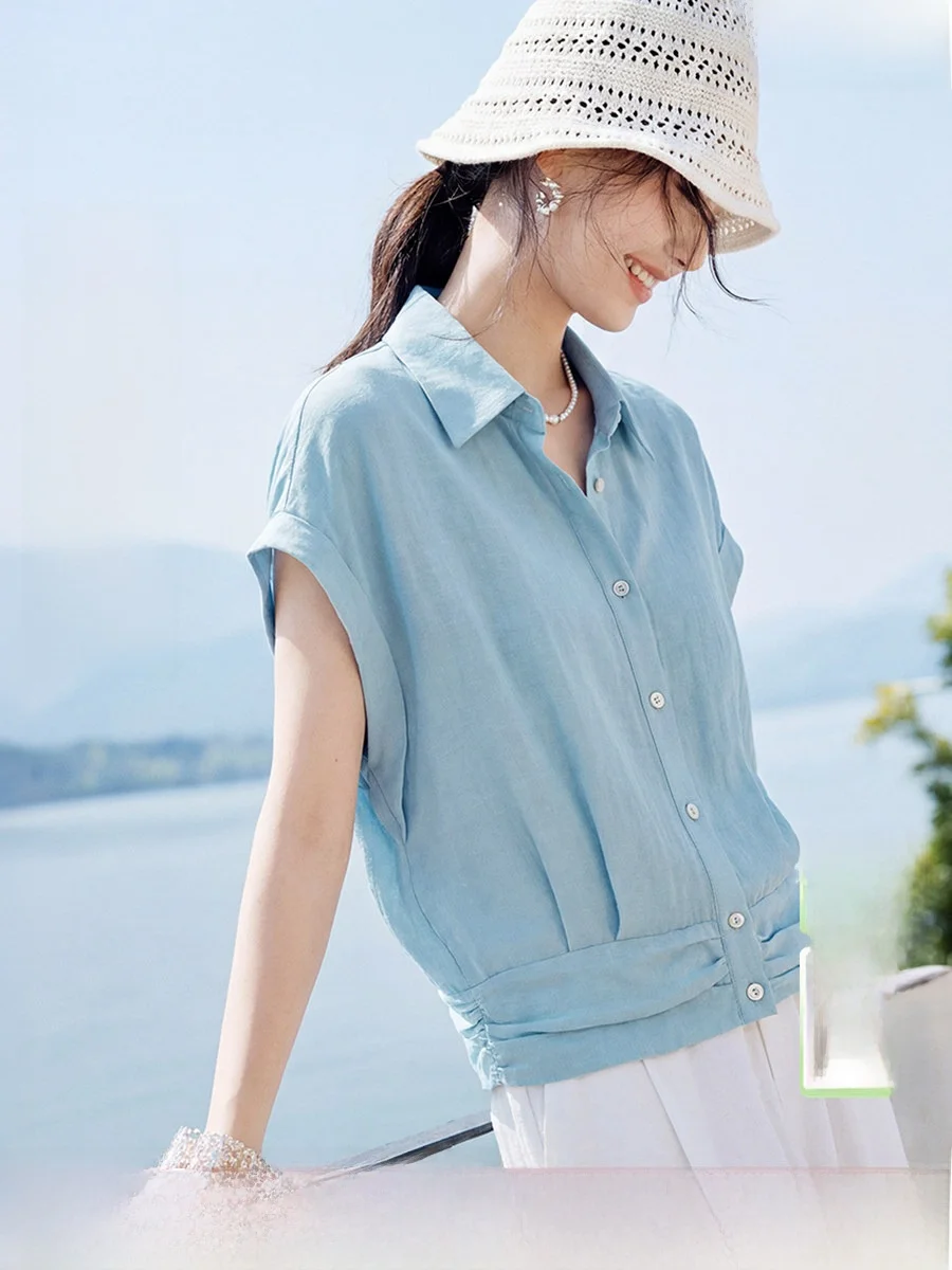 

Blue Linen Shirt Women's Commute Slim Fit Shirt Office Wear Summer Lightweight Belted Straight Cut Fiber Blend Casual Shirt
