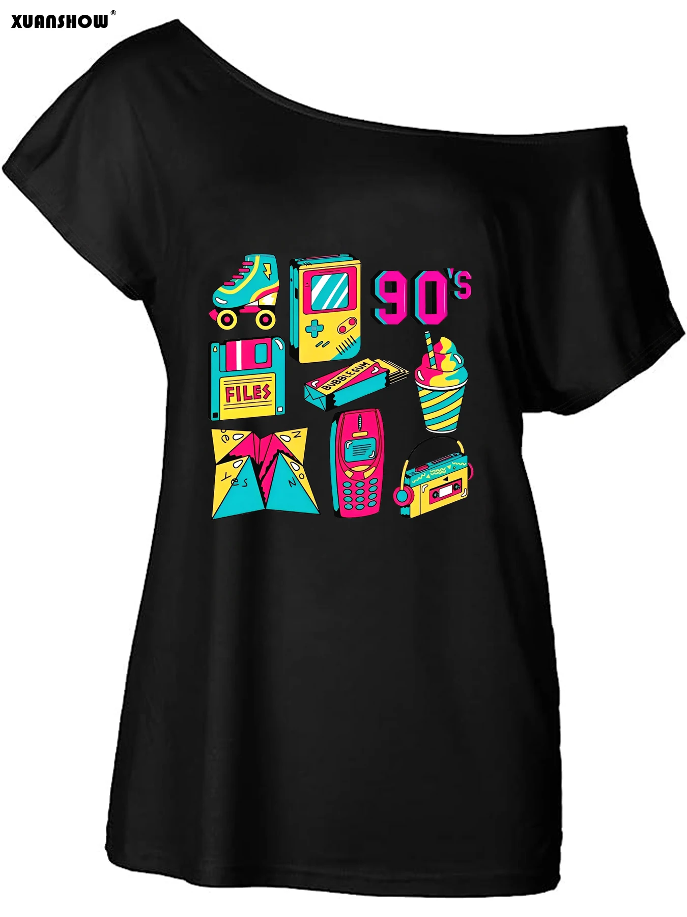 Modisches Damen Off-Shoulder T-Shirt 90er Retro Grafik Bedrucktes Kurzarm-Oberteil für Freizeitkleidung – Detail 6