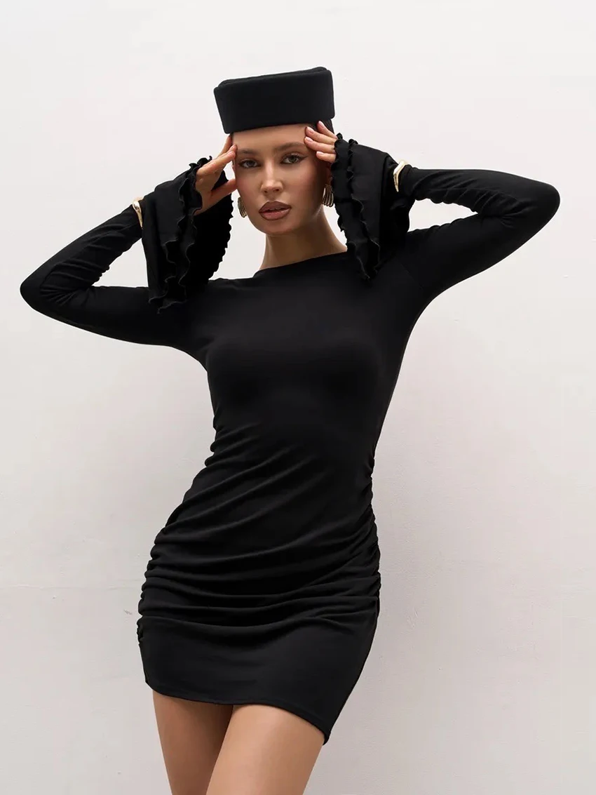 

Marthaqiqi Fashion Female Nightgowns O-Neck Sleepwear Long Sleeve Nightwear Slim Mini Dress Black Women'S Pajamas Winter Knitted