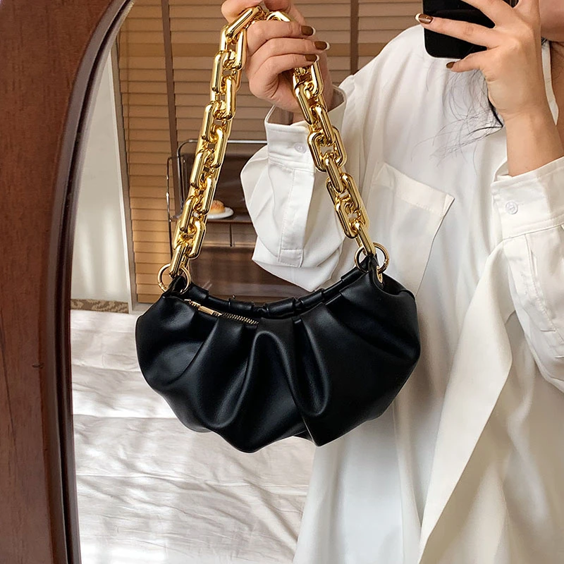 Exquisite shopping bag retro casual lady handbag shoulder bag lady genuine leather solid color metal chain tote bag pleated bag