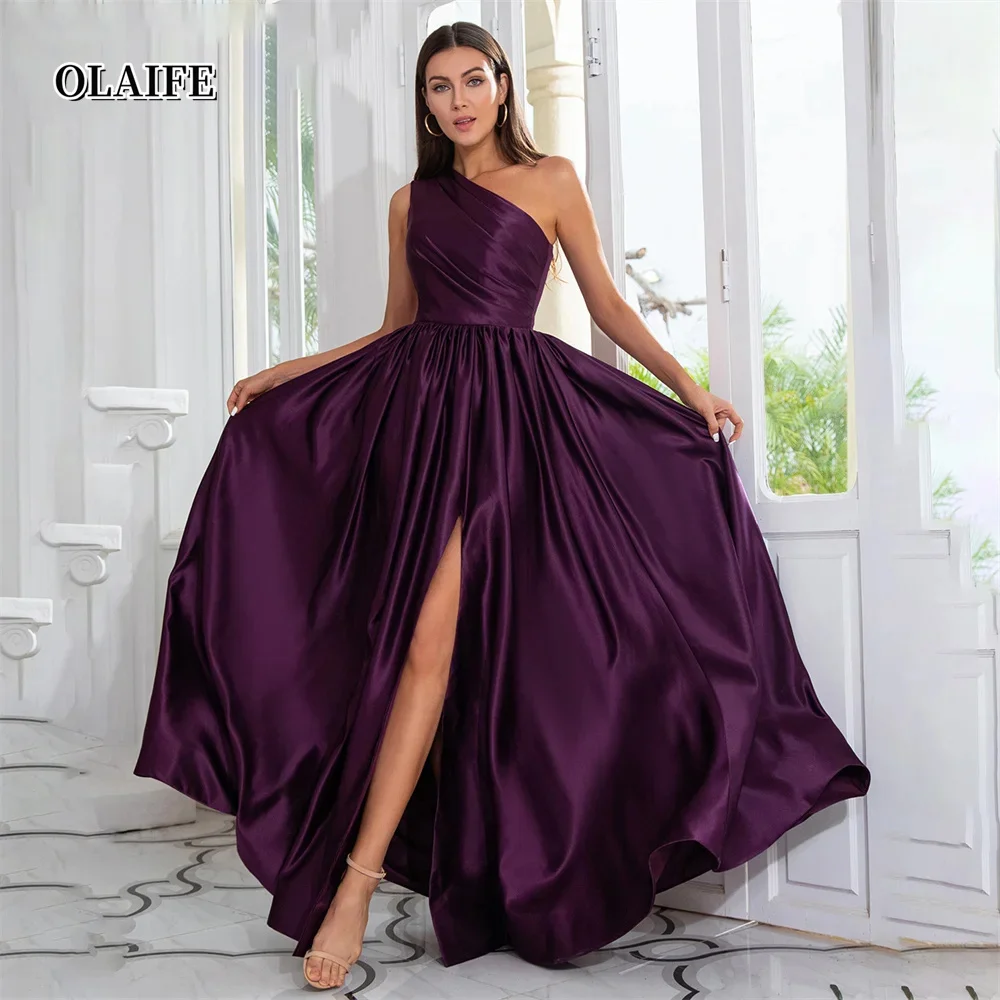 

Sexy Satin A-line Evening Dresses Side Split Prom Dress One Shoulder Evening Gowns A Line Party Dress Newfangled Robe De Soiree