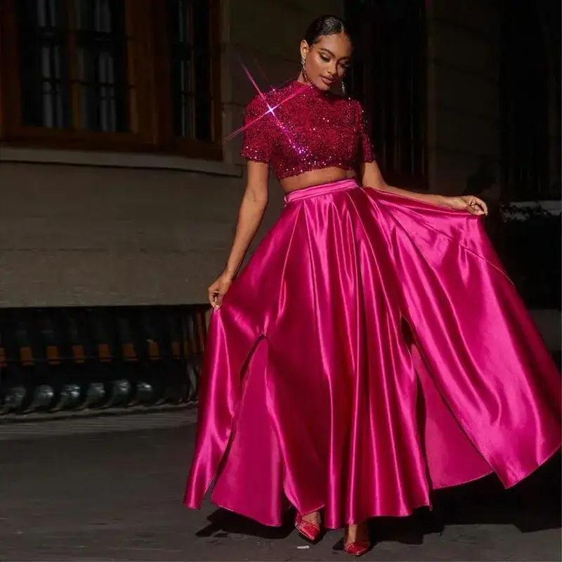 2 Pieces A line Party Dresses Sequins Personalized Fuchsia Maxi Dress Women Satin Prom Gowns with Sleeves Bow Backless