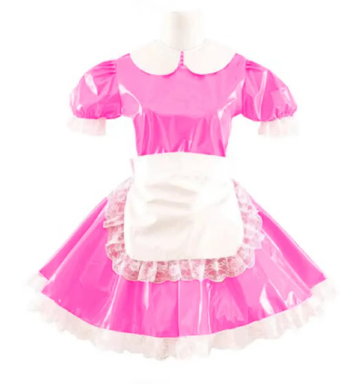 

Pink Beautiful Lace Apron Bubble Sleeve Sexy Female Girl Dress Wet Look Pvc Glossy A-line Dress Short Sleeve Lapel Dress Custom