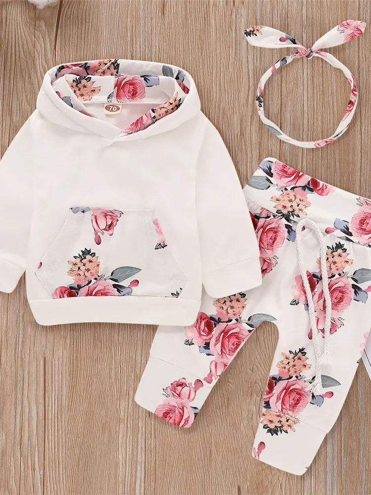 0-18 miesięcy maluch dziewczynka 3 szt. Zestaw ubrań z kapturem kwiaty drukuj z długim rękawem Top + spodnie + opaska z kokardką moda jesienny strój — zdjęcie 2