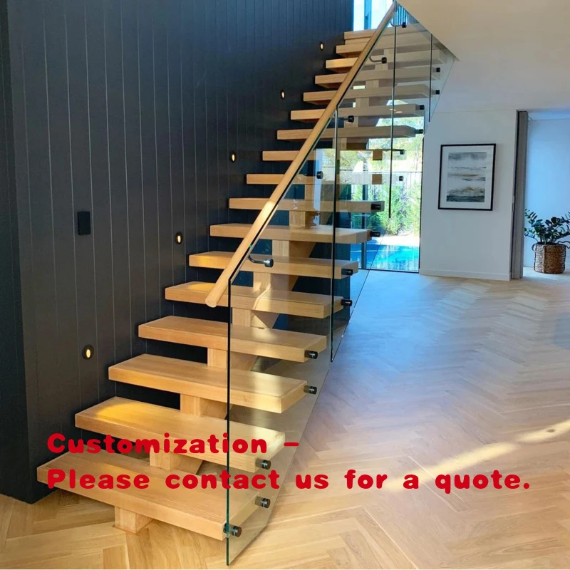 custom.Alucasa Modern Design Interior Straight Wooden Floating Stair Tread Steps and Tempered Glass Panel Railing