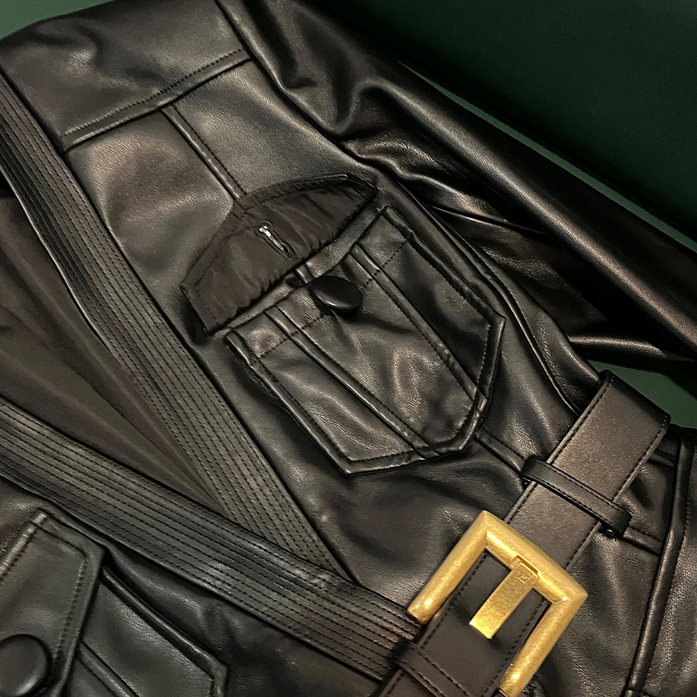 TWOTWINSTYLE Solid Slimming Leather Jackets For Women V Neck Long Sleeve Spliced Belt Casual Jacket Female Fashion New KJA545492